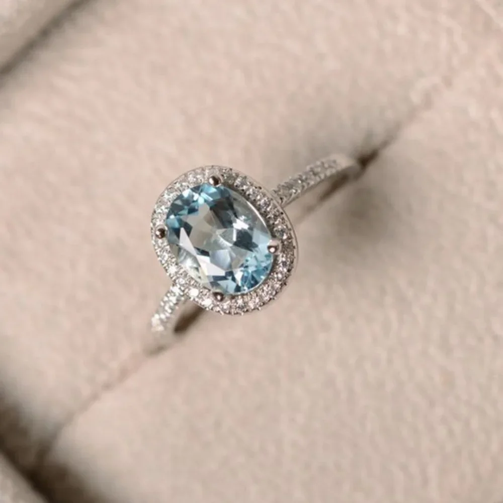 *NEW Silver Aquamarine Diamond Halo Oval Cut Ring